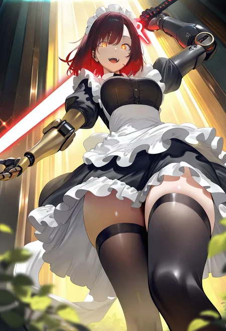 masterpiece, best quality, amazing quality, very aesthetic, absurdres, <lora:SET(illust)0.1v:1>,
lens flare, light particles, cinematic, extremely exquisite female facial description, year 2023,blurry foreground, ray tracing, cinematic lighting, 1girl, solo, looking at viewer, smile, open mouth, short hair, brown hair, black hair, dress, thighhighs, holding, weapon, red hair, teeth, black thighhighs, sword, holding weapon, black dress, apron, orange eyes, maid, maid headdress, glowing, holding sword, from below, glowing eyes, maid apron, mechanical arms, cyborg, single mechanical arm, glowing weapon, glowing sword, blurry foreground, leaves,