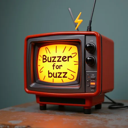 a TV game buzzer, with a lightning bolt drawn on it and the text ‘Buzzer for buzz’.