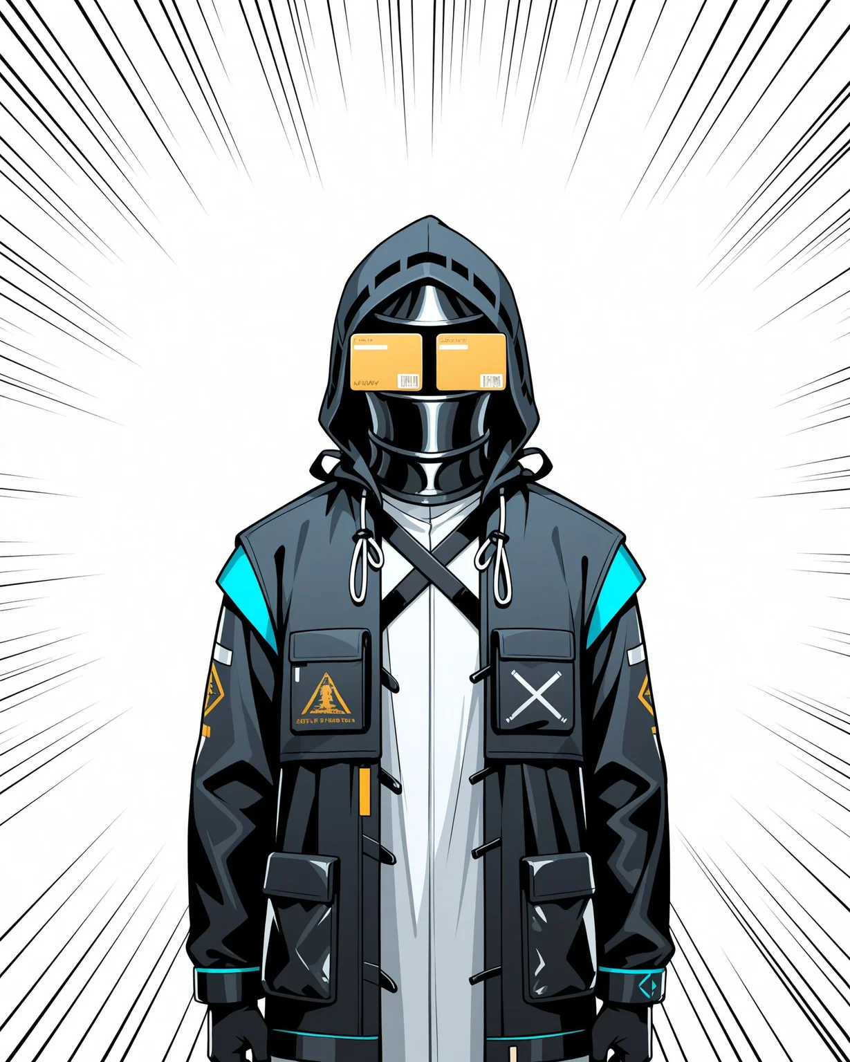 masterpiece, best quality, amazing quality, very aesthetic, absurdres, newest, general, (white background,:1.1) simple background, (negative space,:1.2)
1other, doctor \(arknights\), arknights, visor cap, covered face, black jacket, long sleeves, black gloves,
emphasis lines, credit card, arms at sides,
cowboy shot, upper body, (solo,:1.1) cardew, straight-on, covered eyes, <lora:cardew v2:1>