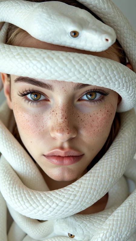 aidmamj6.1, "A hyperrealistic fine art portrait of a serene, freckled woman with pale skin and silver eyes, her face closely entwined with an elegant white snake. The snake is coiled around her head and neck like a living crown, its scales pearlescent and smooth, its amber eyes gazing directly forward. The woman’s expression is calm and powerful, her white lashes and brows creating a ghostly symmetry with the reptile. The composition is tightly cropped, focusing on the details of skin texture, freckles, scales, and eye light. The color palette is muted and ethereal—cool beige, soft whites, warm bone tones—creating a minimalist backdrop that emphasizes the harmony between human and serpent. The lighting is diffused, creating gentle shadows and a matte finish across all surfaces. A symbolic, editorial portrait representing wisdom, beauty, and otherworldly presence." <lora:madison_beer_flux_lora_v1_000001800:0.5000000000000001> <lora:aidmaMJ6.1-FLUX-v0.5:0.5000000000000001>