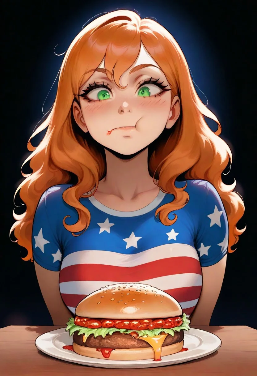 1girl, burgers, eating on table, american flag t-thirt, joy, enjoing meal, ginger hair, green eyes, table, book, majestic, dramatic lighting, solo, cute, slender, french potatoes, ketchup, wavy hair, kittew art:0.25, nyantcha art, detailed, (((masterpiece,best quality,newest,absurdres,highres)))