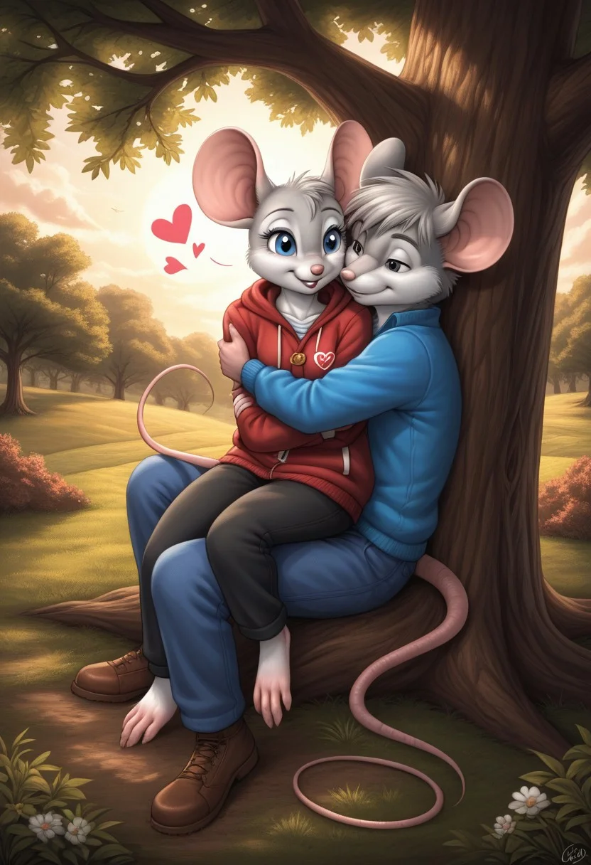 anthropomorphic male mouse embracing anthropomorphic female mouse, sitting, leaning on tree, love, heart, detailed background