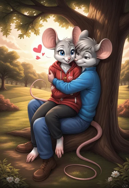 anthropomorphic male mouse embracing anthropomorphic female mouse, sitting, leaning on tree, love, heart, detailed background