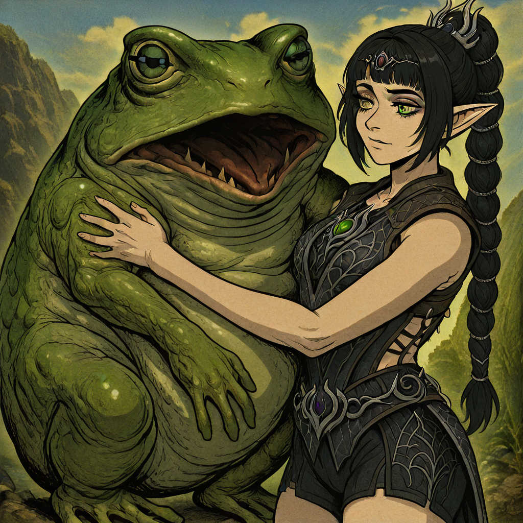 masterpiece, best quality, newest, absurdres, highres, anime, anime style, 1girl, shadowheart \(baldur's gate\), long braid, elf, pointy ears, black hair, braid, side bangs, green eyes, CWKIV1.0, monster, hug, oversized animal, frog, oversized frog,