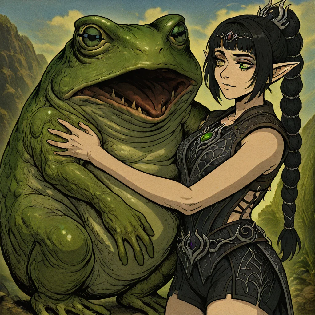 masterpiece, best quality, newest, absurdres, highres, anime, anime style, 1girl, shadowheart \(baldur's gate\), long braid, elf, pointy ears, black hair, braid, side bangs, green eyes, CWKIV1.0, monster, hug, oversized animal, frog, oversized frog,
