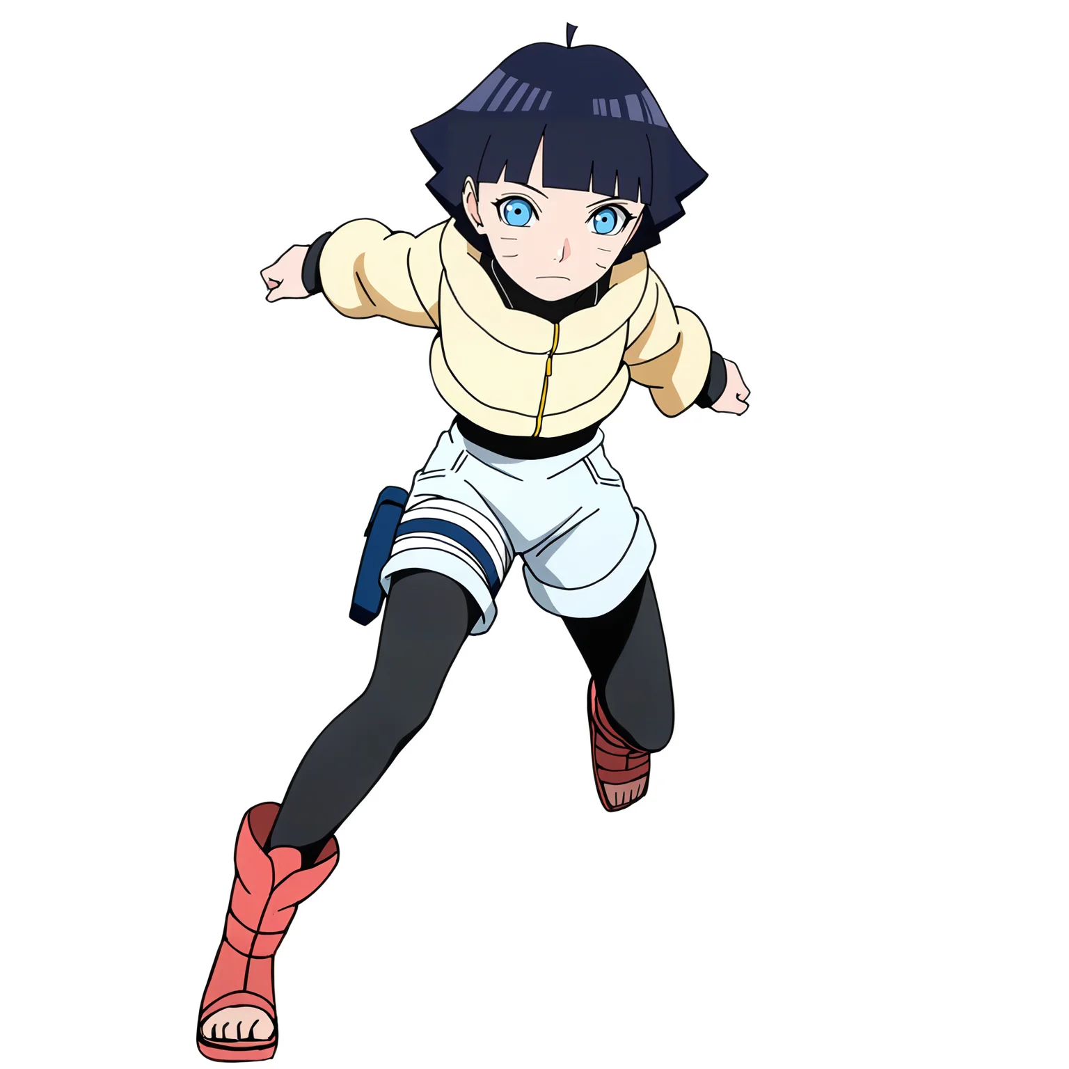 sharp focus, pixiv masterpiece, score_9, score_8_up, source_anime, score_7_up, best quality, highres, absurdres, BREAK
<lora:Himawari_Uzumaki_IL_v36:1>, uzumaki_himawari_shinobi_il, 1girl, solo, blue_eyes, dark-blue_hair, short_hair, yellow_jacket, blue_right_thigh_holster, right_leg_bandage, grey_shorts, black_leggings, long_open-toe_boots, ahoge, full body, standing, facing viewer, looking at viewer, white background, simple background
