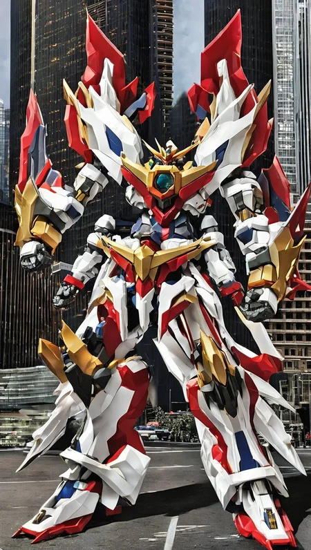 (SRS:0.8),best quality, masterpiece, ultra-detailed, mecha robot, (city:2.5), (ultra-detailed mecha armor), full armor, (very large size mecha:1.5),glowing eyes, (full body:1.2), (mechanical parts:1), (robot joints:1), (military parts:1.1), (heroic parts:1.5), cable, (battle-ready:1.2),(powerful stance:1.3),(Detailed eye description:1.2),(huge mechanical weapon:1.2), (detailed weapon description:1.2), (holding weapon and weapon :1.5)<lora:srdxl_v2g:0.8>