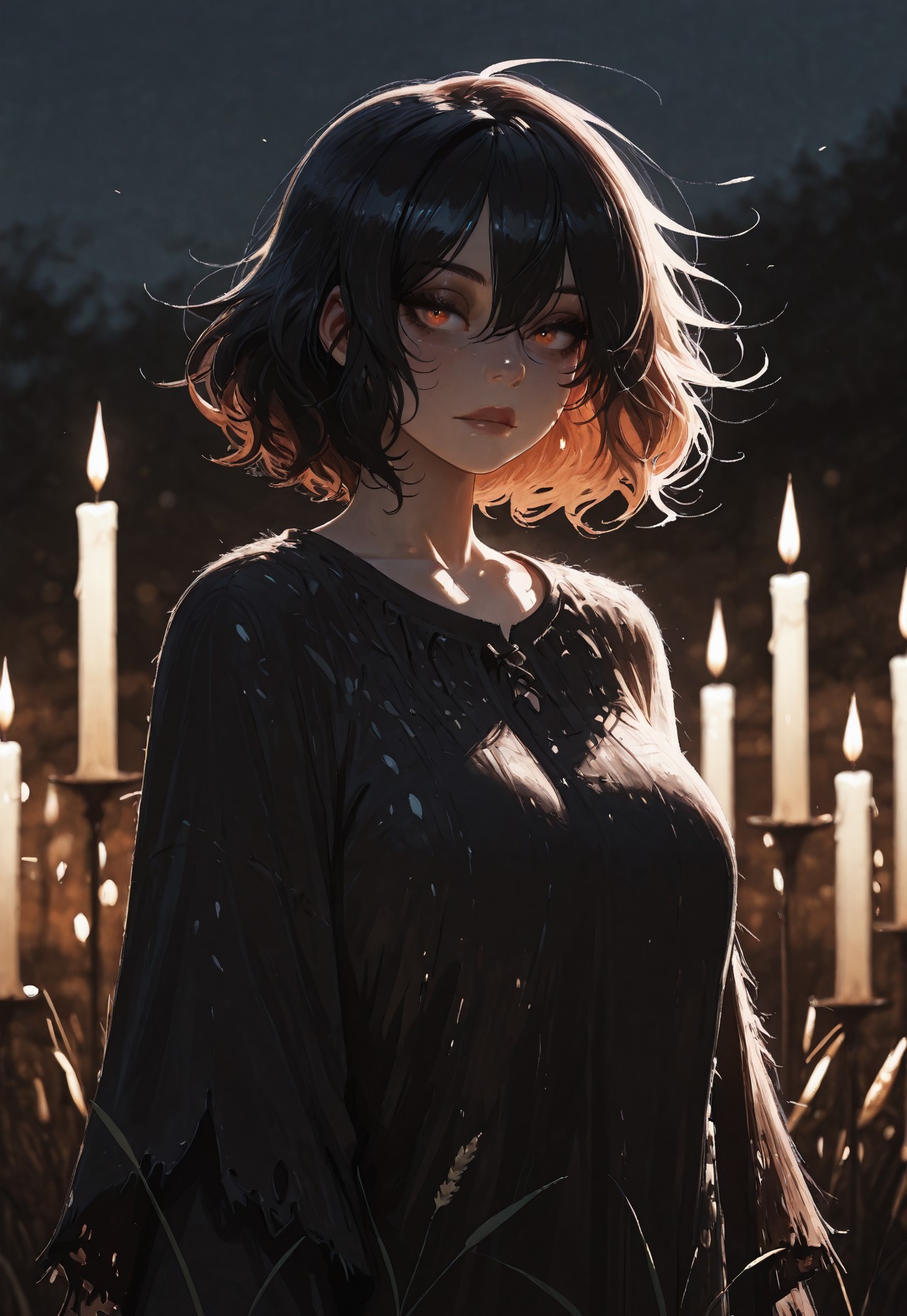 masterpiece, ultra-HD, cinematic lighting, photorealistic, impressionism (1.5), high detail, depth of field, (blurred background), (dramatic lighting), best quality, amazing quality, absurdres,  , a dark pond at night with a human face just beneath the surface, eyes wide open, surrounded by still reeds and floating candles, minimal light, intense mood, folk horror minimalism, natural textures, moody ambient silence, shallow depth of field, 8k, photorealistic
