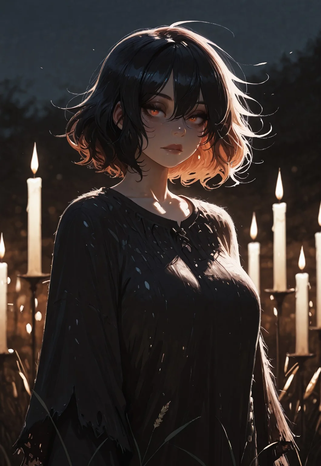masterpiece, ultra-HD, cinematic lighting, photorealistic, impressionism (1.5), high detail, depth of field, (blurred background), (dramatic lighting), best quality, amazing quality, absurdres, , a dark pond at night with a human face just beneath the surface, eyes wide open, surrounded by still reeds and floating candles, minimal light, intense mood, folk horror minimalism, natural textures, moody ambient silence, shallow depth of field, 8k, photorealistic