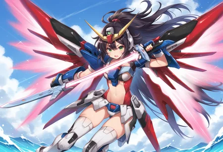 (score_9:0.9),score_8_up,score_7_up,rating_safe,anime_style,(zPDXL),<lora:Destiny Gundam ponyXL v1:0.72>,destiny gundam,1girl,energy sword,weapon,solo,green eyes,mecha girl,long hair,black hair,holding sword,holding weapon,holding,open mouth,navel,mechanical wings,gloves,energy wings,