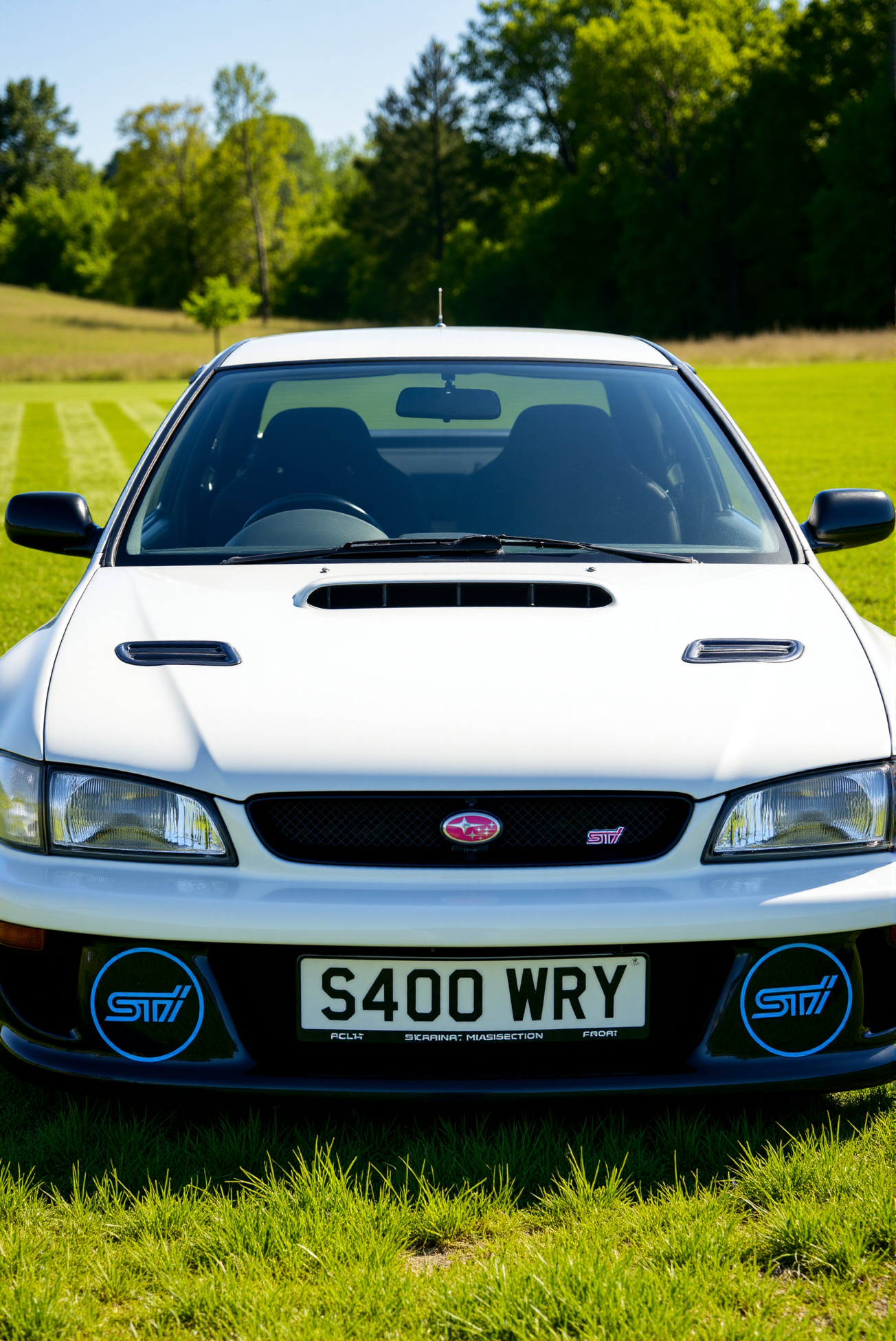 <lora:Subaru_Impreza_WRX_STI_22b:0.8>
A dead-on frontal portrait of a Subaru Impreza WRX STI 22B framed against a sunlit grassy field, with license plate reading “S400 WRC” beneath a grille-mounted red STI badge and  pink Subaru badge in the center of  the grille. Twin fog light covers show matching blue “STi” decals, flanking the large hood scoop and symmetrical headlights. Bright mid-day sunlight brings out sharp chrome highlights and uniform shadows under the bumper. The surrounding environment subtly reflects in the windshield, with the front stance appearing wide and grounded. Captured in high-fidelity realism with clean central alignment and rally-purist composition, ideal for iconographic representation.