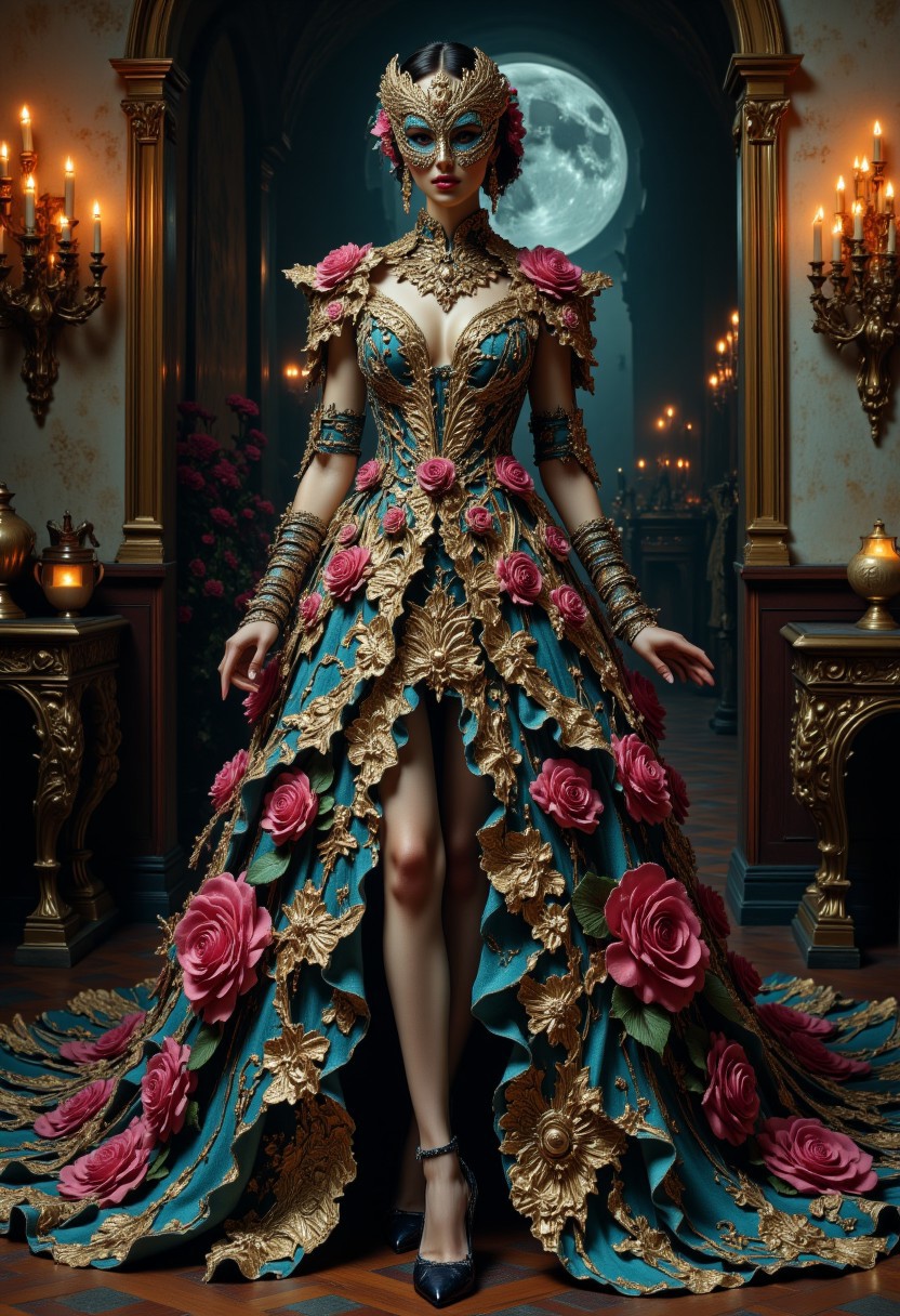masterpiece, best quality, highres, realistic, best quality,
score_9, score_8_up, score_7_up, 
Detailed. Full body art. 
Surrealism. Abstract. Portrait. digital and analog texture. mysterious woman. Glass mask. elaborate decorations. pink roses. Brown eyes.  Mysterious.  divine attraction. The background setting is a medieval ballroom at night. the moon shines through the windows. The ballroom is lit with candles. surreal, cinematic atmosphere. timeless beauty. Elegance. midjourney_whisper_avant_couture, abstract, ff-surreal, DreamArt, FLUX - DRESS FLOWER
full body view, dress, high heels,