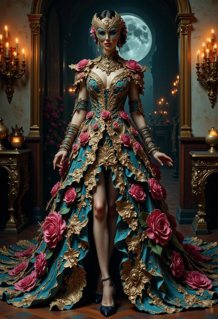 masterpiece, best quality, highres, realistic, best quality,
score_9, score_8_up, score_7_up,
Detailed. Full body art.
Surrealism. Abstract. Portrait. digital and analog texture. mysterious woman. Glass mask. elaborate decorations. pink roses. Brown eyes. Mysterious. divine attraction. The background setting is a medieval ballroom at night. the moon shines through the windows. The ballroom is lit with candles. surreal, cinematic atmosphere. timeless beauty. Elegance. midjourney_whisper_avant_couture, abstract, ff-surreal, DreamArt, FLUX - DRESS FLOWER
full body view, dress, high heels,