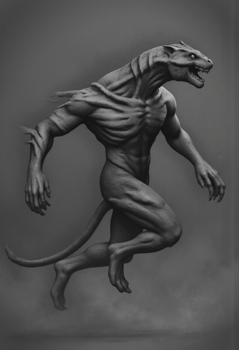 aidmaMJ6.1, Made out of paper, a PaperStyle , d4artstyle, d4concept, , d00mstyle, made of clay, ZBClay model of a gray sculpture
A terrifying, predatory creature with a sleek, muscular build resembling a mix of dinosaur and feline traits. Its skin is rough and textured, with a pattern of dark stripes running along its body, enhancing its predatory appearance. The creature's head is elongated, featuring a wide, gaping maw filled with sharp teeth and a set of piercing eyes that convey a sense of primal ferocity. It has powerful limbs ending in clawed digits, designed for slashing and gripping prey. The tail is thick and appears to phase or blur, suggesting some form of supernatural or otherworldly movement, as if it can shift or vibrate rapidly. The overall design blends elements of prehistoric and fantastical horror, emphasizing its speed and lethal nature.
Background solid color with a faded dimly lit, fog-covered darkness tone that emphasizes its silhouette. 
 The medium is not a traditional painting or illustrative medium like watercolor or ink but rather a digital rendering, eerie and unsettling.