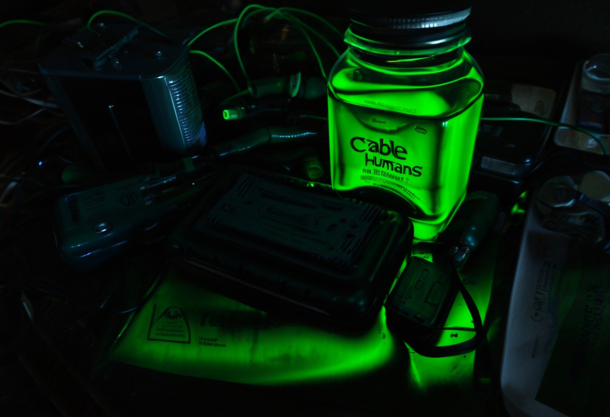 clutter, trash, no humans, realistic, cable, computer, dark, no humans, realistic, cable, low key, 18650, battery, charger, glass bottle, green goo, back lit