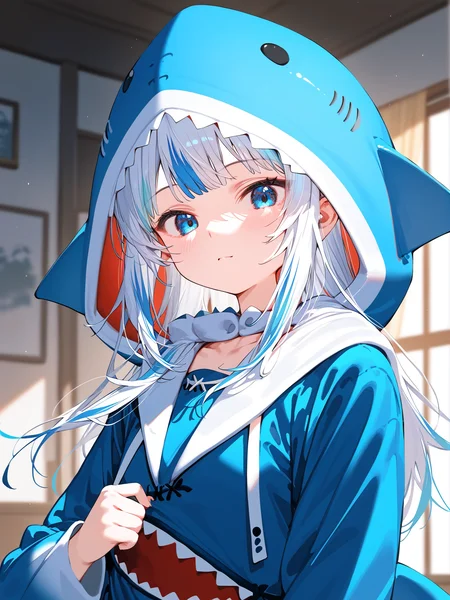 masterpiece,best quality,score_9,score_8_up,score_7_up,best quapoty,highres,absurdres,source_anime,indoors,<lora:NAI:0.7>,NAI_style,<lora:gawr_gura_(1st_costume):0.8>,close-up,upper body,indoors,gawr_gura_(1st_costume),(1girl:1.1),solo,multicolored hair,shark hood,