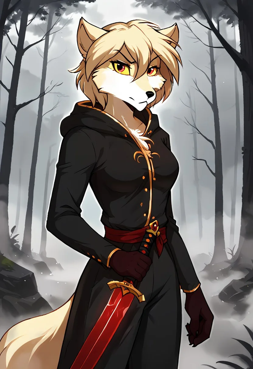 score_9, score_8_up, score_7_up,score_6_up,score_5_up, source_furry
BREAK
solo, furry female anthro, medium breasts, (little serious, seductive), black mantle with bloodstains on it, black robe with bloodstains on it, black medieval trousers (outdoors, forest, dark forest, fog, thick fog, dark misty forest), sword, sword in hand
BREAK
<lora:Clovis-Twokinds-SDXL-AnonTK-V2:0.85>, clovis-twokinds, keidran, mammal, fox tail, red eyes, yellow sclera, <lora:p:0.35>