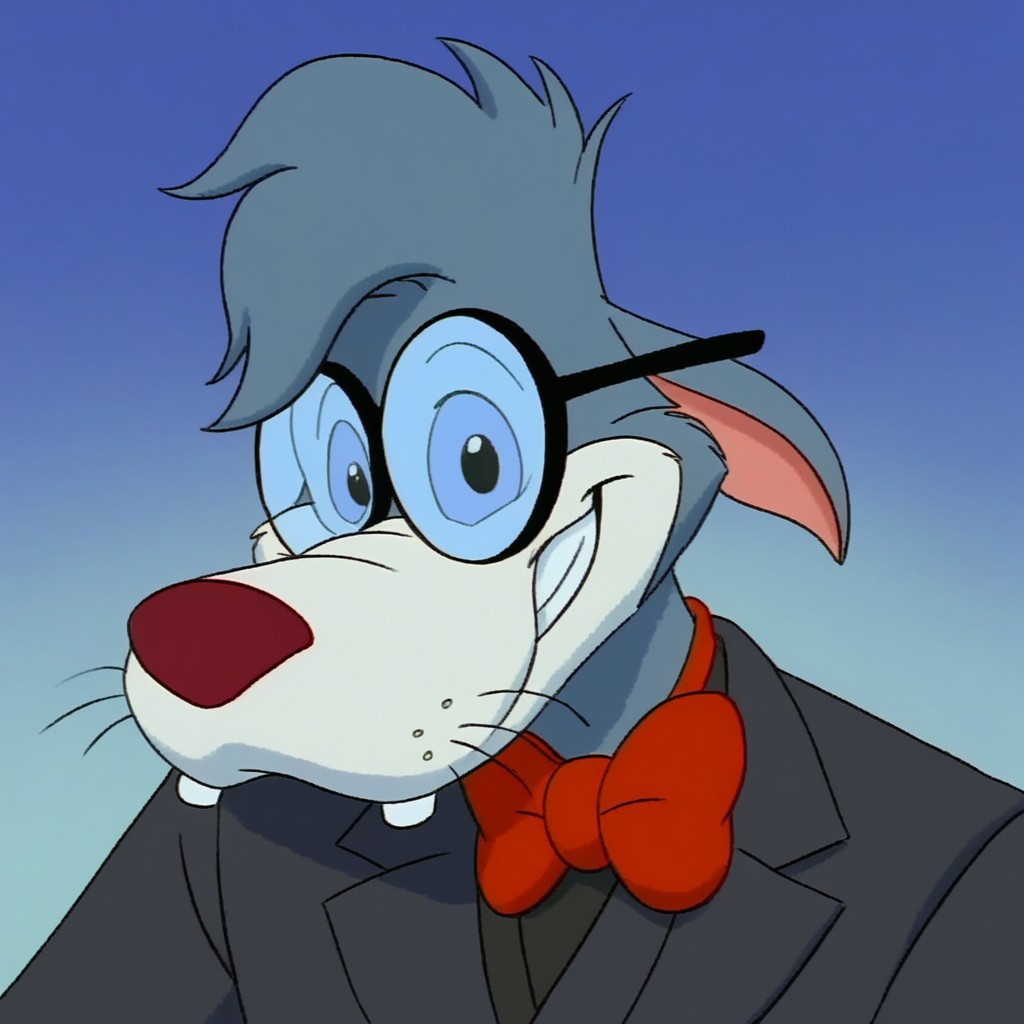 score_9, score_8_up, score_7_up, Expressiveh, masterpiece, best quality, highly detailed, realistic,  1boy, solo, (RegWilford,furry, anthro, canine, wolf, blue hair, short hair, round glasses, black glasses, ears down, pink inner ear, blue sclera, black eyes, red nose, whiskers), upper body, close-up, (blue background, simple background), smile, looking at viewer, closed mouth, red bowtie, nexcoyotlgt, black suit, clothed, (((((dark-blue neck))))), teeth