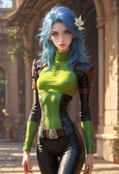score_9, score_8_up, score_7_up, score_6_up, score_5_up, score_4_up,
(masterpiece:1.2), (best quality,:1.2), 8k, HDR, ultra detailed, ((photorealistic)), cinematic lighting, high depth-of-field,
cowboy shot, of a beautiful mature woman, standing,
rogue, leather armor, leather pants,
(cornflower-blue hair, blue eyes),
narrow waist, narrow hips, thin legs,
slim face, perfect face, perfect hands, eye contact, realistic face, realistic eyes,
background green hills at sunset,
Expressiveh