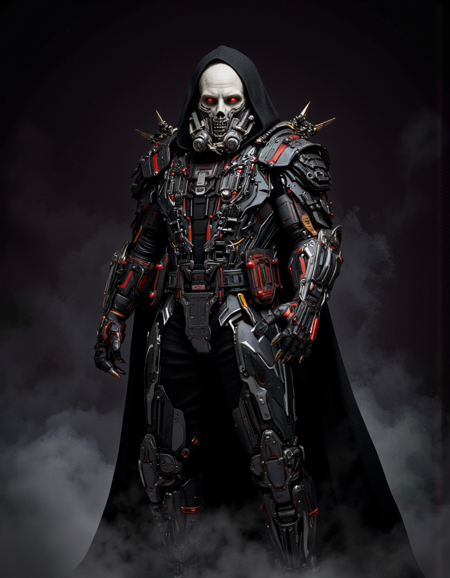 By Arthur Yuan. A photo-realistic shoot from a frontal camera angle about a futuristic cyborg character with a skull-like appearance, wearing a black hooded cloak and intricate metallic armor with red accents, standing in a dark, smoky background. the image also shows a cyberpunk aesthetic. on the middle of the image, a 1man, who appears to be in his mid-twenties, with a muscular build, standing confidently with his hands in his pockets, is facing the viewer, looking directly at the camera with a menacing expression. he has grey skin, red eyes, and is wearing a full body armor with mechanical parts, including a gas mask and a hood. the armor is detailed with various mechanical components, and the background is dark with a smoky effect, creating a dramatic and ominous atmosphere.