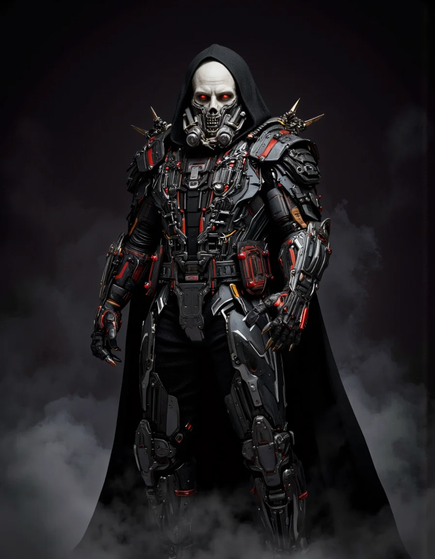 By Arthur Yuan. A photo-realistic shoot from a frontal camera angle about a futuristic cyborg character with a skull-like appearance, wearing a black hooded cloak and intricate metallic armor with red accents, standing in a dark, smoky background. the image also shows a cyberpunk aesthetic. on the middle of the image, a 1man, who appears to be in his mid-twenties, with a muscular build, standing confidently with his hands in his pockets, is facing the viewer, looking directly at the camera with a menacing expression. he has grey skin, red eyes, and is wearing a full body armor with mechanical parts, including a gas mask and a hood. the armor is detailed with various mechanical components, and the background is dark with a smoky effect, creating a dramatic and ominous atmosphere.