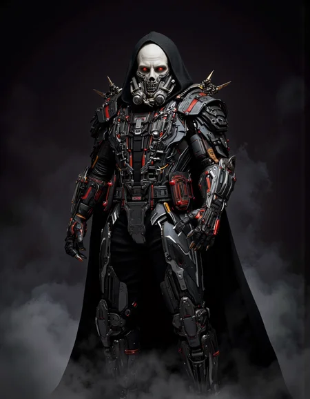 By Arthur Yuan. A photo-realistic shoot from a frontal camera angle about a futuristic cyborg character with a skull-like appearance, wearing a black hooded cloak and intricate metallic armor with red accents, standing in a dark, smoky background. the image also shows a cyberpunk aesthetic. on the middle of the image, a 1man, who appears to be in his mid-twenties, with a muscular build, standing confidently with his hands in his pockets, is facing the viewer, looking directly at the camera with a menacing expression. he has grey skin, red eyes, and is wearing a full body armor with mechanical parts, including a gas mask and a hood. the armor is detailed with various mechanical components, and the background is dark with a smoky effect, creating a dramatic and ominous atmosphere.