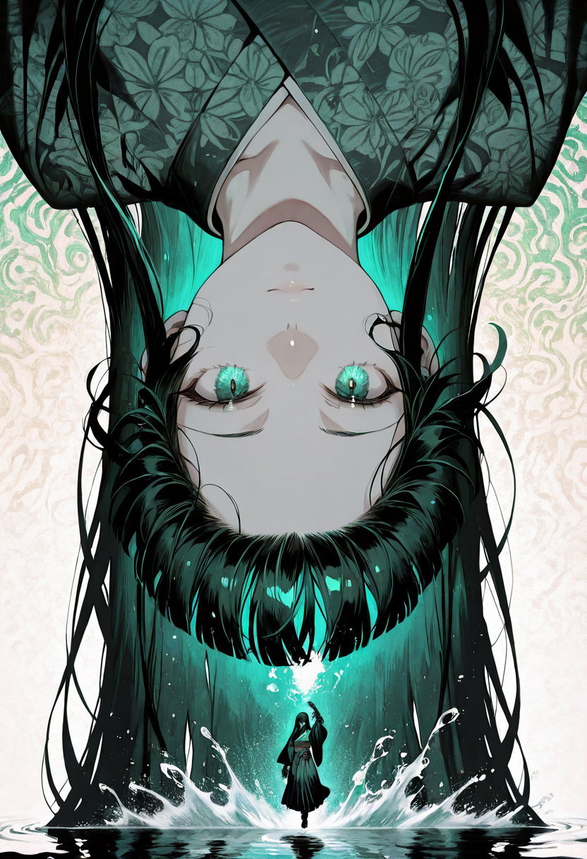 Suminagashi, Suminagashi dhjs, one woman, samurai, beautifull face, long hime cut, no makeup, hakama, dark green kimono, japanese gauntlets. Floating ink patterns, marbled effects, delicate and ethereal designs, water-based ink, fluid and unpredictable compositions, meditative process, monochromatic or subtle color palette, Japanese artistic tradition, walking on water, water splashing, water swirling in the air, girl upside down, (face close up, zoom in:1.4). Floating ink patterns, marbled effects, delicate and ethereal designs, water-based ink, fluid and unpredictable compositions, meditative process, monochromatic or subtle color palette, Japanese artistic tradition, splash of water all over
