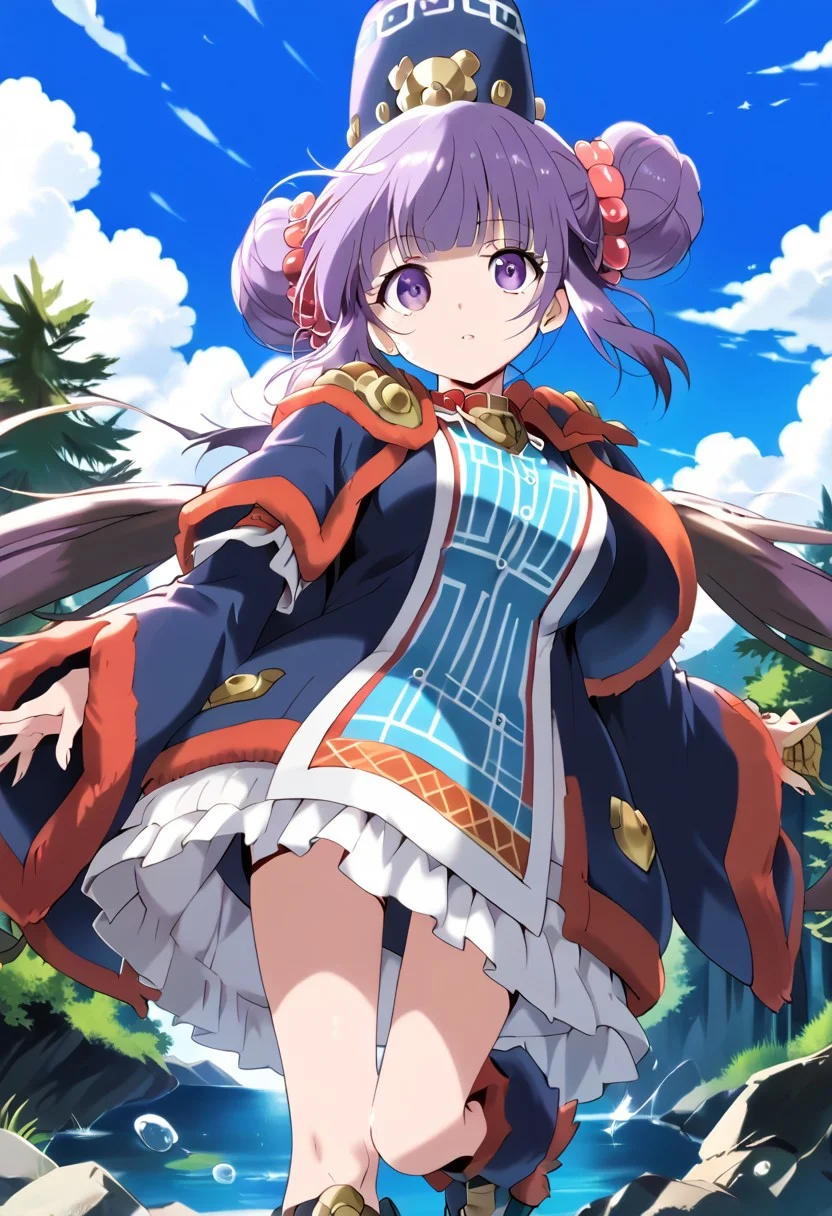 score_9, score_8_up, score_7_up, score_6_up, score_5_up, score_4_up, masterpiece, (anime coloring), (rating_safe), (anime style),
BREAK source_anime, anime, best quality, masterpiece, rating_safe, uncensored, High quality, 8k, Ultra,
<lora:AfrobullPDXLresize:0.8> afrobullstyle,
BREAK 1girl, sophiefuture, purple hair, purple eyes, very long hair, blunt bangs, sidelocks, twintails,
gammoth armor, blue headwear, blue hair tubes, blue coat, blue long sleeves, blue boots、
BREAK (cowboy shot), (standing on one leg), (from below),
(large breasts:1.2),looking at viewer,,
BREAK (Forest, lake, sunny weather,sky,daytime),
