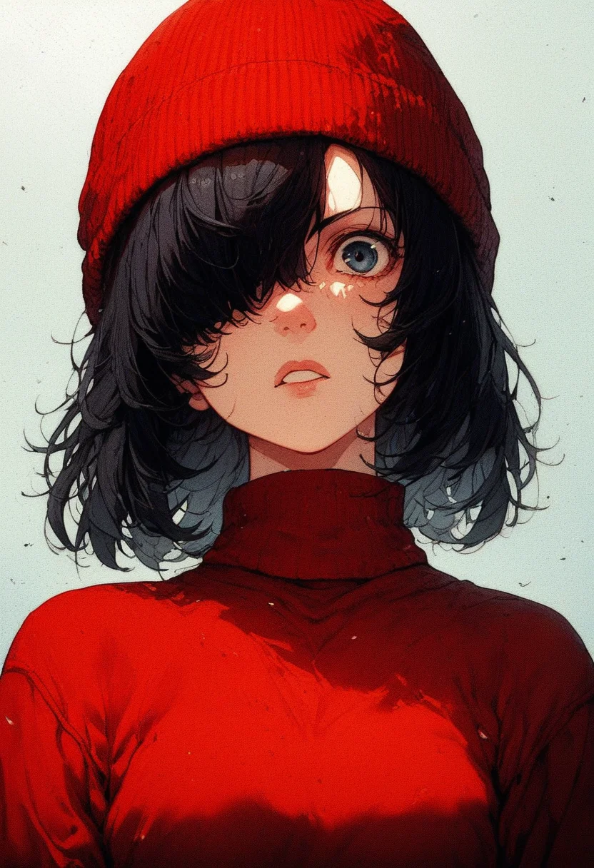 <lora:Kenva:1.0> score_9, knva, halftone effect, 1girl, solo, red sweater, black bob hair, hair covering one eye, red knitted hat,