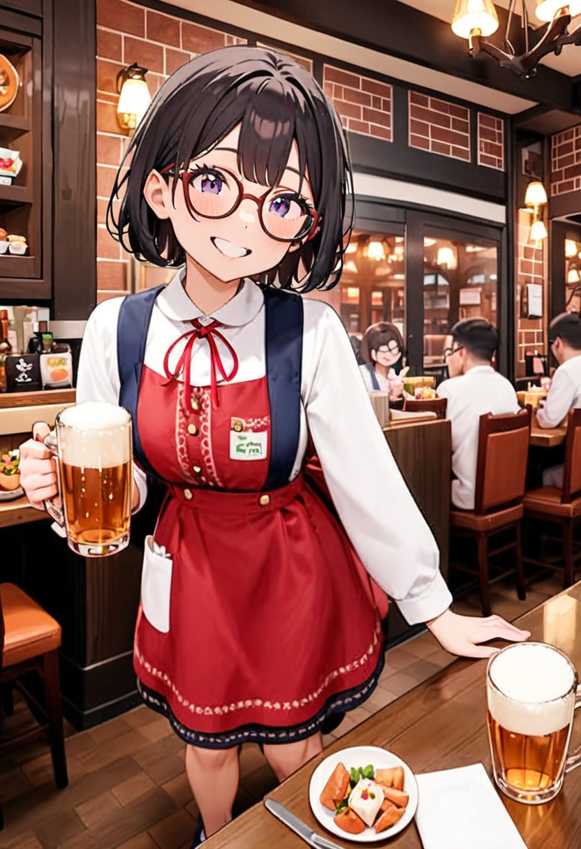 masterpiece, best quality, very aesthetic, absurdres, cute,
1girl, solo , glasses, black hair, medium hair, smile, looking at viewer, happy, smile,
NMC, apron, ribbon, neck ribbon, standing, shirt, red ribbon, long sleeves, red apron, smile, skirt, blue footwear, white shirt, dress,
indoors, multiple boys, window, food, restaurant, holding beer mug, standing, cup, white shirt, counter, chair, table,
<lora:NMC_SDXL_V2:0.8>
