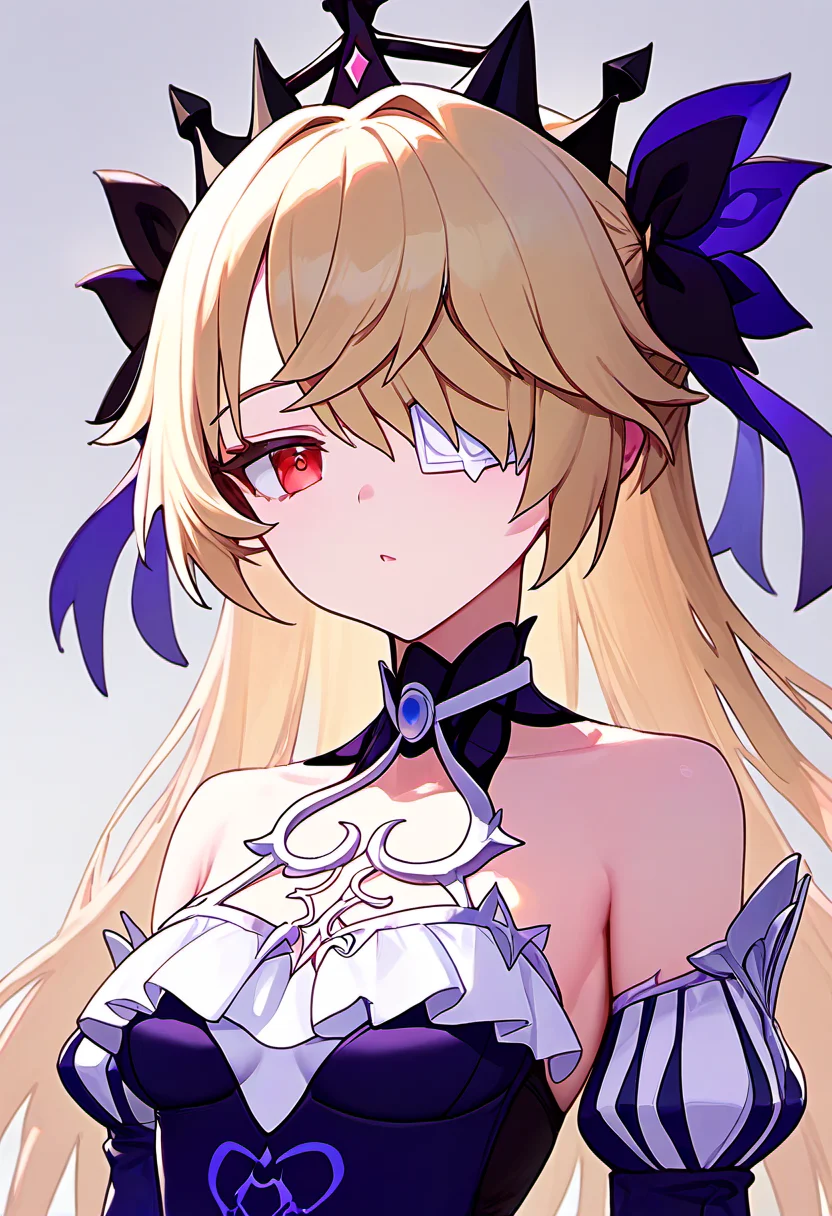 score_9,score_8_up,score_7_up, fischl_(genshin_impact), blonde_hair, fischl_(ein_immernachtstraum)_(genshin_impact), highres,official_alternate_costume, red_eyes, long_hair, 1girl, eyepatch, detached_sleeves, tiara, hair_over_one_eye, bare_shoulders, purple_dress
