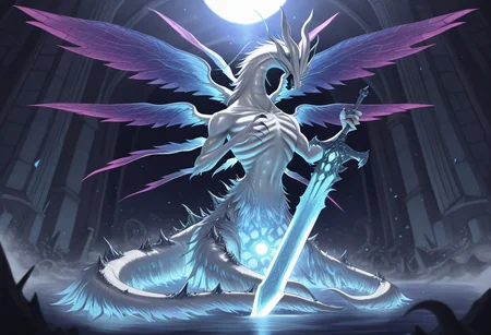 <lora:Seath_the_Scaleless_Dark_souls_-_PonyIllustrious_r2:1>masterpiece, amazing quality, best quality, 1boy, solo, dragon, albino, humanoid torso, white skin, eyeless, frills, blue-violet wings, multiple wings, ribcage, tentacles, gaunt, unique design, elegant, tail, claws, mythical creature, holding the moonlight greatsword