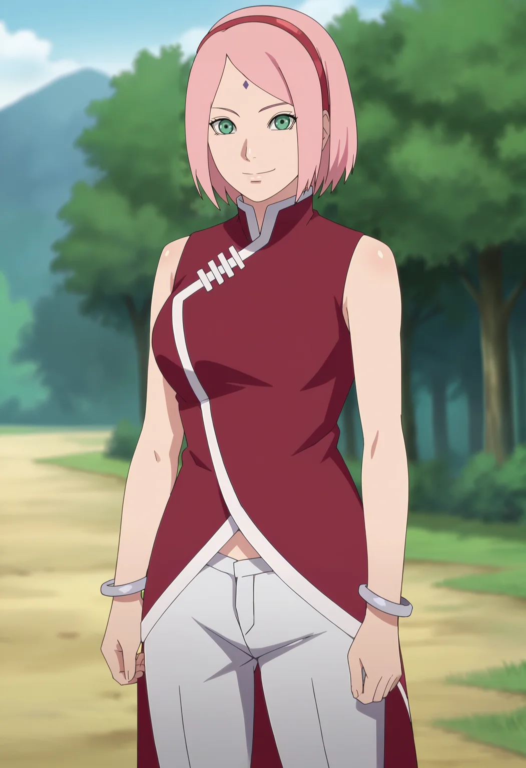 score_9, score_8_up, score_7_up, source_anime,anime screencap,anime coloring,intricate details,masterpiece, best quality,
uncensored,
mature female,
sakura, pink hair, 1girl, short hair, green eyes, facial mark, hairband, forehead mark, red hairband,short hair, large breasts,
japanese clothes, sleeveless,red shirt,bracelet,jewelry,pants,
smile, looking at viewer,
parody,
perfect anatomy,
scenery,outdoors, day,
<lora:Sakura NEW:0.9>,
<lora:anime-detailer-xl:2>,