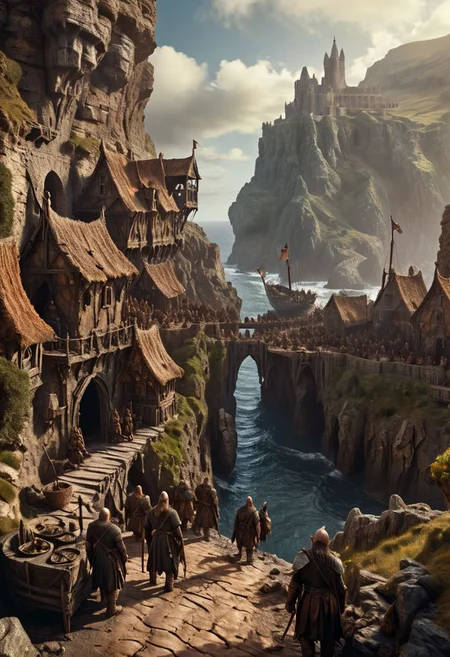 extremely detailed, hero shot, high detail, hires textures, incredibly detailed, intricate details, elaborate diorama, masterpiece, hyperrealism, masterpiece, cliff background, pleasant, stately, game of thrones, a small group of humans elves and dwarves disembark onto a settlement in a fantasy world with ancient-ships in the distant background
