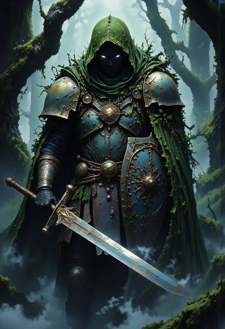 In the heart of a forgotten, shadow-drenched forest, stands an imposing figure — a dark, moss-covered knight, his armor forged in ancient metal, long weathered and worn by time. The once-glimmering plates are now cloaked in layers of thick, emerald moss, creeping vines snaking across his chest and limbs, their twisted forms almost blending into the earth beneath him. Dark, muted shades of deep turquoise and purple run through the moss, hinting at an ethereal power that lies beneath the surface of his imposing armor.
His helm, adorned with intricate engravings of long-forgotten symbols, casts his face in shadow, leaving only cold, piercing eyes visible through the narrow slit of his visor. The faint glow of otherworldly light flickers in his gaze, a haunting reflection of the ancient forces that once imbued him with power. His massive sword is clutched in one hand, the blade gleaming faintly, as if thirsting for battle, while his other arm rests on a dark, jagged shield, adorned with a pattern of twisting thorns and mystical runes. Around him, the forest seems to hold its breath, ancient trees standing as silent witnesses to his eternal vigil. The air is thick with a heavy, almost oppressive atmosphere, the mist swirling around his feet as though the very ground recognizes the presence of this ancient, fearsome protector. dfmstyle, lndscpx, Studio Ghibli Dark Fairytale
