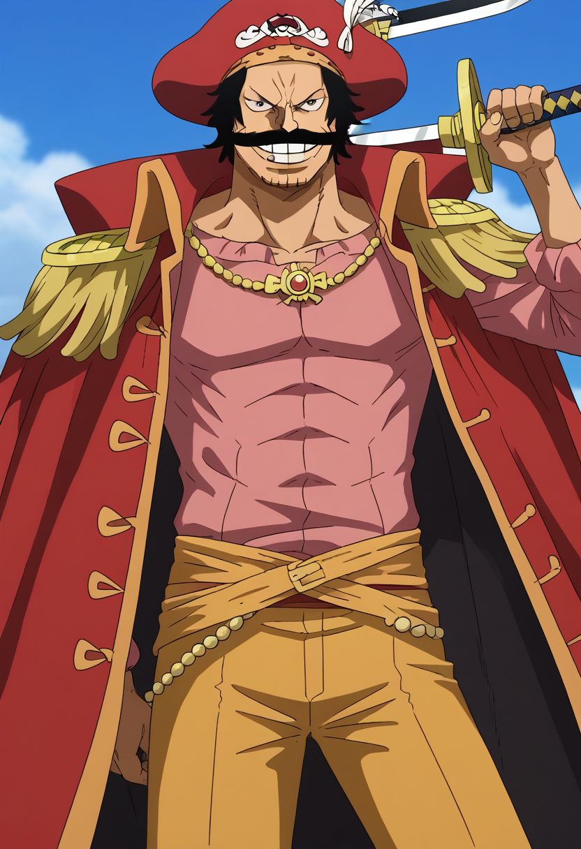 Gold Roger, man, black hair,redcape, red hat, mustache, holding sword,standing, smile, looking at viewer