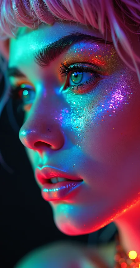 Mesmerizing close-up portrait bathed in vibrant neon colors. Face illuminated by a kaleidoscope of electric hues - cyan, magenta, yellow, and emerald green. Striking contrast between cool blues and warm oranges across the features. Iridescent, glitter-like particles scattered over the skin, creating a cosmic effect. Piercing eyes with multicolored reflections, framed by dramatic lashes. Lips shimmering with holographic sheen. Hair melting into the background in streaks of hot pink and electric blue. Sharp contours accentuated by bold color transitions. Black background amplifying the intensity of the neon palette. Cyberpunk aesthetic meets high-fashion makeup artistry. Hyper-realistic rendering with ultra-sharp focus on every colorful detail.