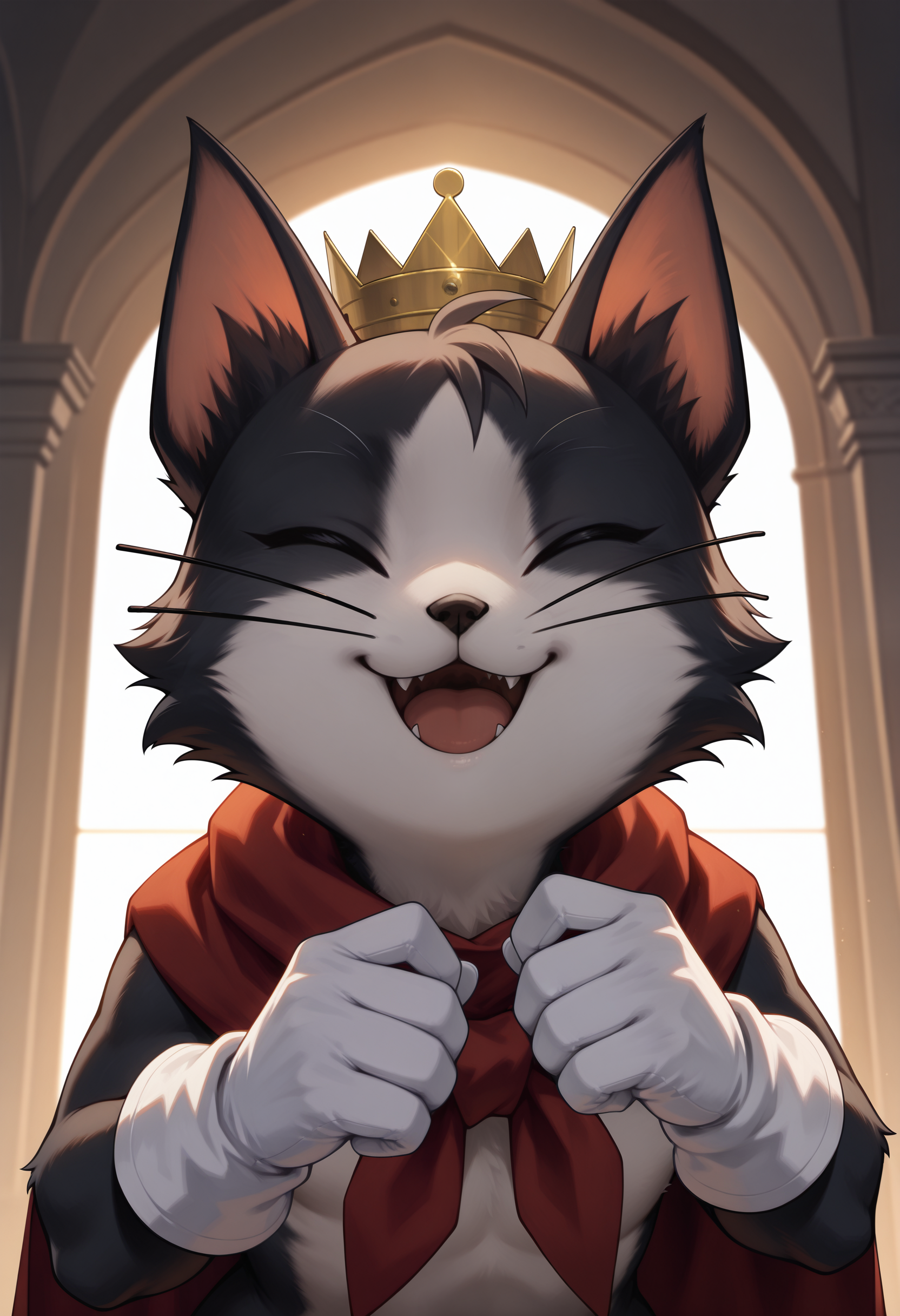 best quality, newest, absurdres, highres, (masterwork, masterpiece, best quality, hyper-detailed :1.3), 

1boy, solo,

c41t, cat boy, crown, cape, white gloves, eyes closed, looking at viewer, 

close up, happy,
