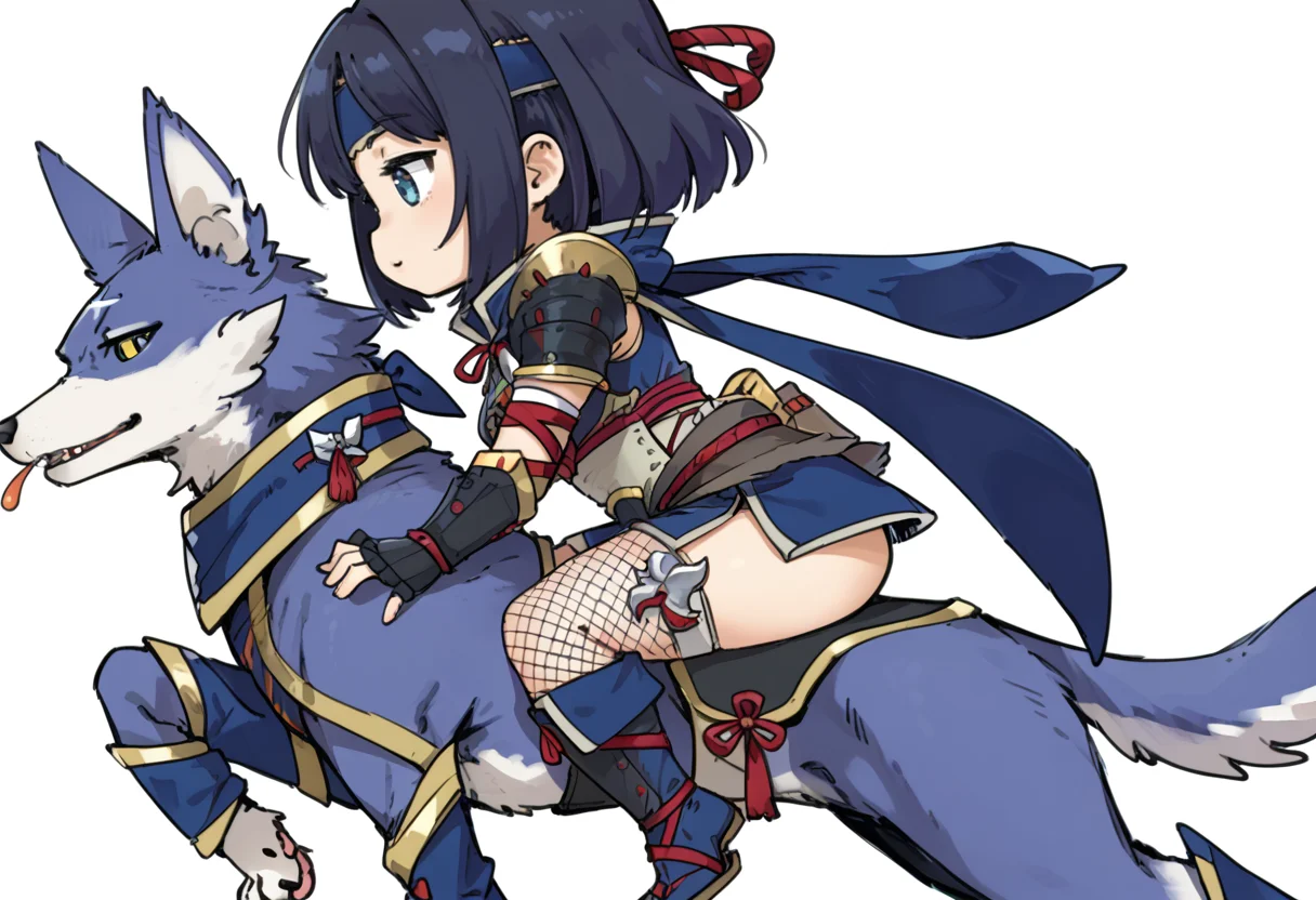 (score_9:0.9),score_8_up,score_7_up,rating_safe,realsitic,(zPDXL),<lora:kamura armor ponyXL v1:0.76>,1girl, blue headband, short hair, fishnet thighhighs, black hair, simple background, white background, solo, blue gauntlets, kamura armor, canyne, blue scarf, riding, chibi, blue knee boots, black shoulder armor, from side