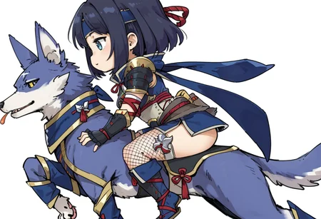 (score_9:0.9),score_8_up,score_7_up,rating_safe,realsitic,(zPDXL),<lora:kamura armor ponyXL v1:0.76>,1girl, blue headband, short hair, fishnet thighhighs, black hair, simple background, white background, solo, blue gauntlets, kamura armor, canyne, blue scarf, riding, chibi, blue knee boots, black shoulder armor, from side
