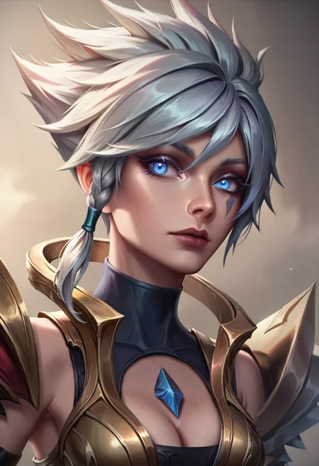 score_9, score_8_up, beautiful, gorgeous, pretty, perfect, masterpiece, high detail, (1 girl:2), (detailed face:1.8), (face focus:1.5), (zoom in:1.4), league of legends, league_of_legends, DBRiven, silver hair, golden armor, black bodysuit, bodysuit, golden shoulder armor, sidebraid, silver eyes, cleavage, short hair, (upper body:1.6), torso, Riven <lora:Dawnbringer_Riven_PonyXL:0.8>