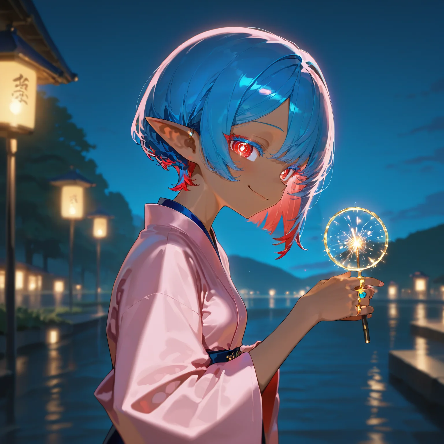 score_9_up, masterpiece, best quality, 1girl, solo girl, pink kimono, lantern festival, from side, holding a sparkler,
BREAK <lora:Zusu_Sapphire_Pony:1> Zusu Sapphire, dark skinned, pointy ears, sapphire haired elf girl, sapphire blue colored hair, red highlights, bobcut, sapphire blue colored eyelashes, red eyes, ring eyes, no pupils, concentric circles, ((adult)), small breasts, looking at viewer, beautyful smile, closed mouth, light blushing,