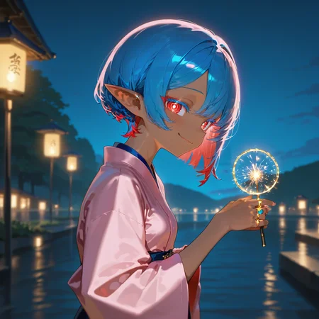 score_9_up, masterpiece, best quality, 1girl, solo girl, pink kimono, lantern festival, from side, holding a sparkler,
BREAK <lora:Zusu_Sapphire_Pony:1> Zusu Sapphire, dark skinned, pointy ears, sapphire haired elf girl, sapphire blue colored hair, red highlights, bobcut, sapphire blue colored eyelashes, red eyes, ring eyes, no pupils, concentric circles, ((adult)), small breasts, looking at viewer, beautyful smile, closed mouth, light blushing,