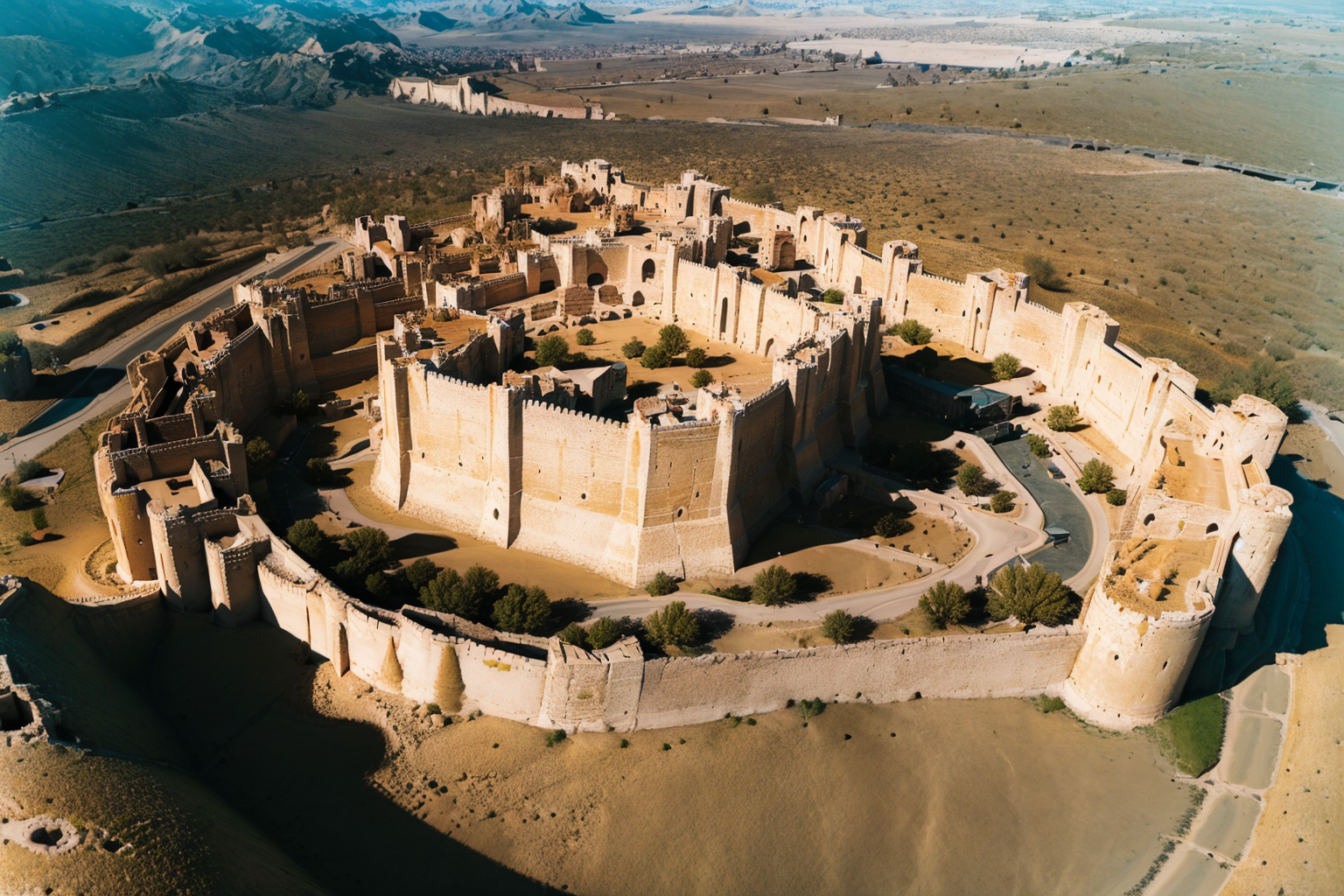 (masterpiece, best quality:1.2), ultra-detailed, Castle (desert sand terrain:1.3) , (realistic:1.5),  <lora:EdobMedievalCastleTopView_v1.0:1>