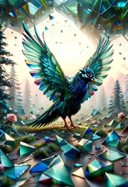 mesmerizing geometric patterns, geometric complexity, The wind , clouds high, tall trees, forest pathways, bloom of roses,(peacock made of mesmerizing geometric patterns of Glass Shard, open wings:1.5), , grass. honeycomb, curvilinear
, score_9, score_8_up, score_8_up, masterpiece,super detailed face, super high resolution, FaceDetail, masterpiece-level, highly detailed, intricate details, detailed background, complex background, cinematic, intricately detailed illustration, depth of field, masterpiece, best quality, amazing quality, very aesthetic, absurdres, newest, very awa, shadow, lazympos, lazypos