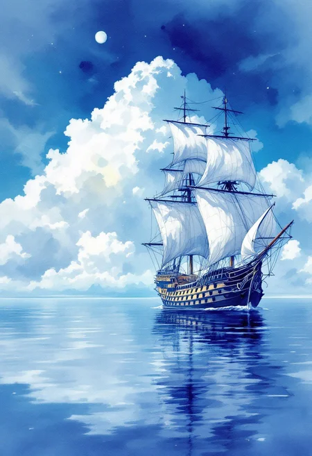 watercolor on wet, sky, clouds, reflection, sea and bluish ship with white The Flying Dutchman, gentle, easy, colorful, intricate details, ultra-sharp, hyper-detailed, chiaroscuro lighting