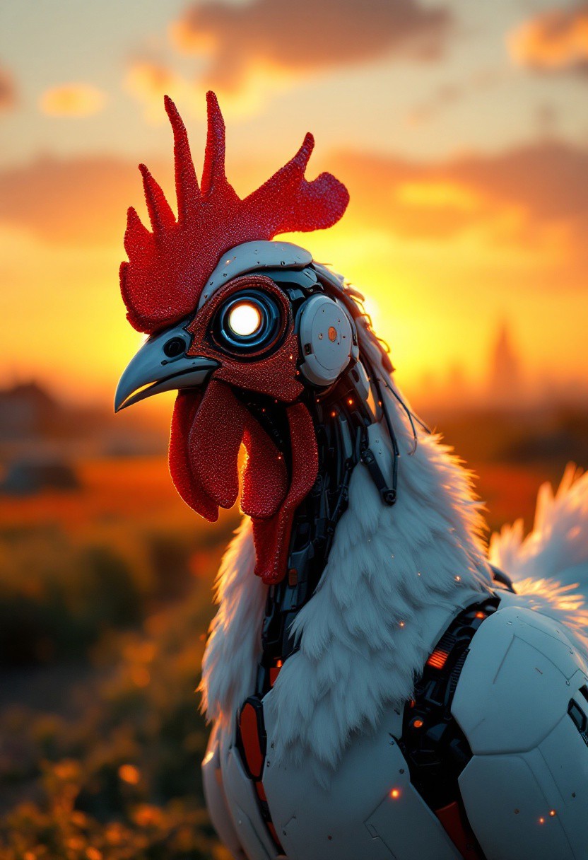 a robotic chicken with one neon eye and fierce gaze, sleek white and orange robotic fur, waking in front of farm in warm sunset far from of cityscapes, cinematic low lighting, low angle, realistic, 4k, ultra details