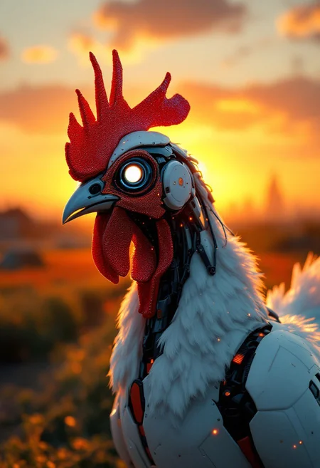 a robotic chicken with one neon eye and fierce gaze, sleek white and orange robotic fur, waking in front of farm in warm sunset far from of cityscapes, cinematic low lighting, low angle, realistic, 4k, ultra details
