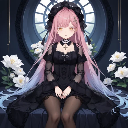 1girl,solo,
(score_9,score_8_up,score_7_up, source_anime,rating_all),
BREAK
from back,
wariza, w_sitting, ass, thighs, legs, feet,
<lora:hyxkaoru-final-psplive-pony6-flyingdeer-e26p-r2:0.8>,
very long hair,bangs,
(pink hair, (blue hair:0.55), gradient hair, multicolored hair),
hair ornament,
yellow eyes,cross-shaped pupils,
((white eyelashes:1.05), (white eyelash:1.05)),
(necklace, jewelry, (purple gem:0.15)),
HYXKaoruBlack,
(black headwear, see-through headwear),
(see-through dress, frills, lace trim),
(detached collar, black choker, lace choker),
(long dress, black dress, long sleeves, wide sleeves),
black ribbon,
(pantyhose, black pantyhose, (black stockings:0.55)),