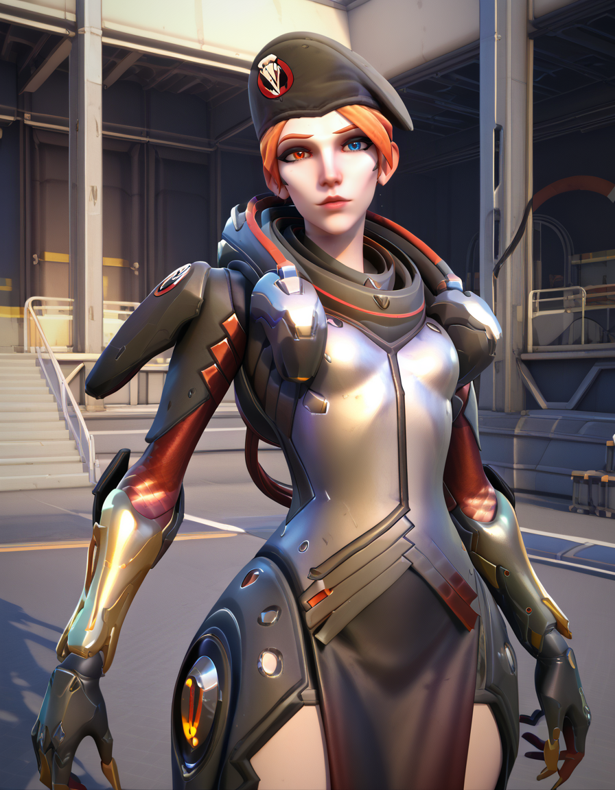 score_9, score_8_up, score_7_up, 1girl, 2.5d , blackwatch moira, moira (overwatch), heterochromia, Elegant Hair Play: Play with your hair in a way that suggests confidence and playfulness adding a touch of charm to your pose. <lora:Blackwatch_moira_pony-000046:1>